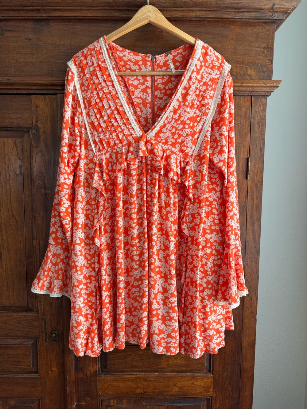 Free People Like You Best Floral Mini Dress Boho Bell Sleeves Lace Ruffle
